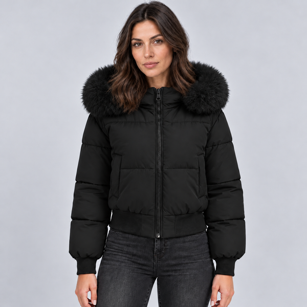 Women's Puffer Jacket Faux Fur Collar Full Zip