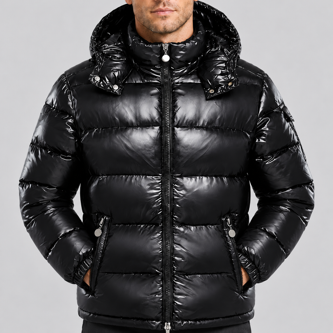 Men's Puffer Jacket Glossy Hooded Full Zip