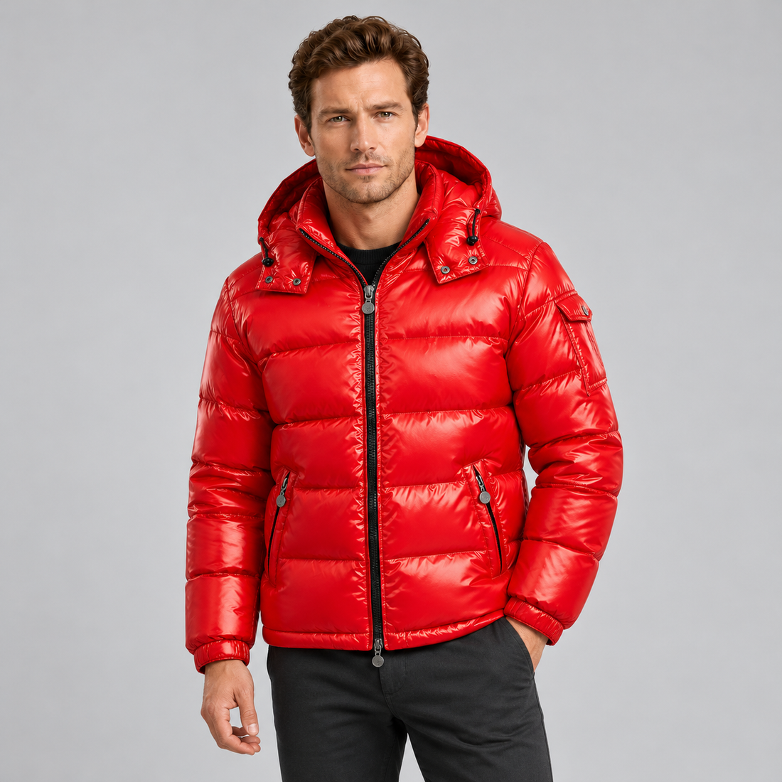 Men's Puffer Jacket Glossy Hooded Full Zip