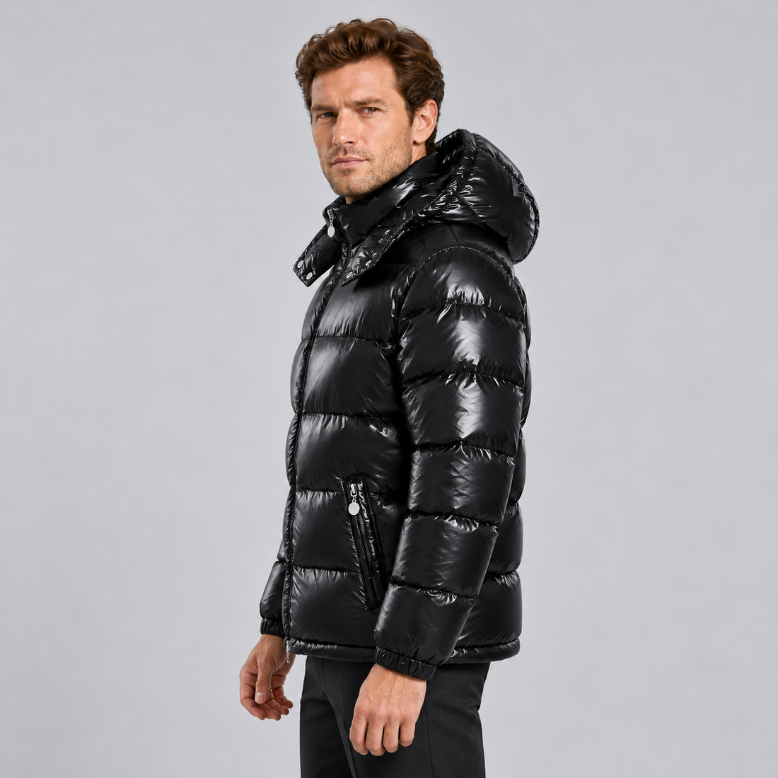 Men's Puffer Jacket Glossy Hooded Full Zip