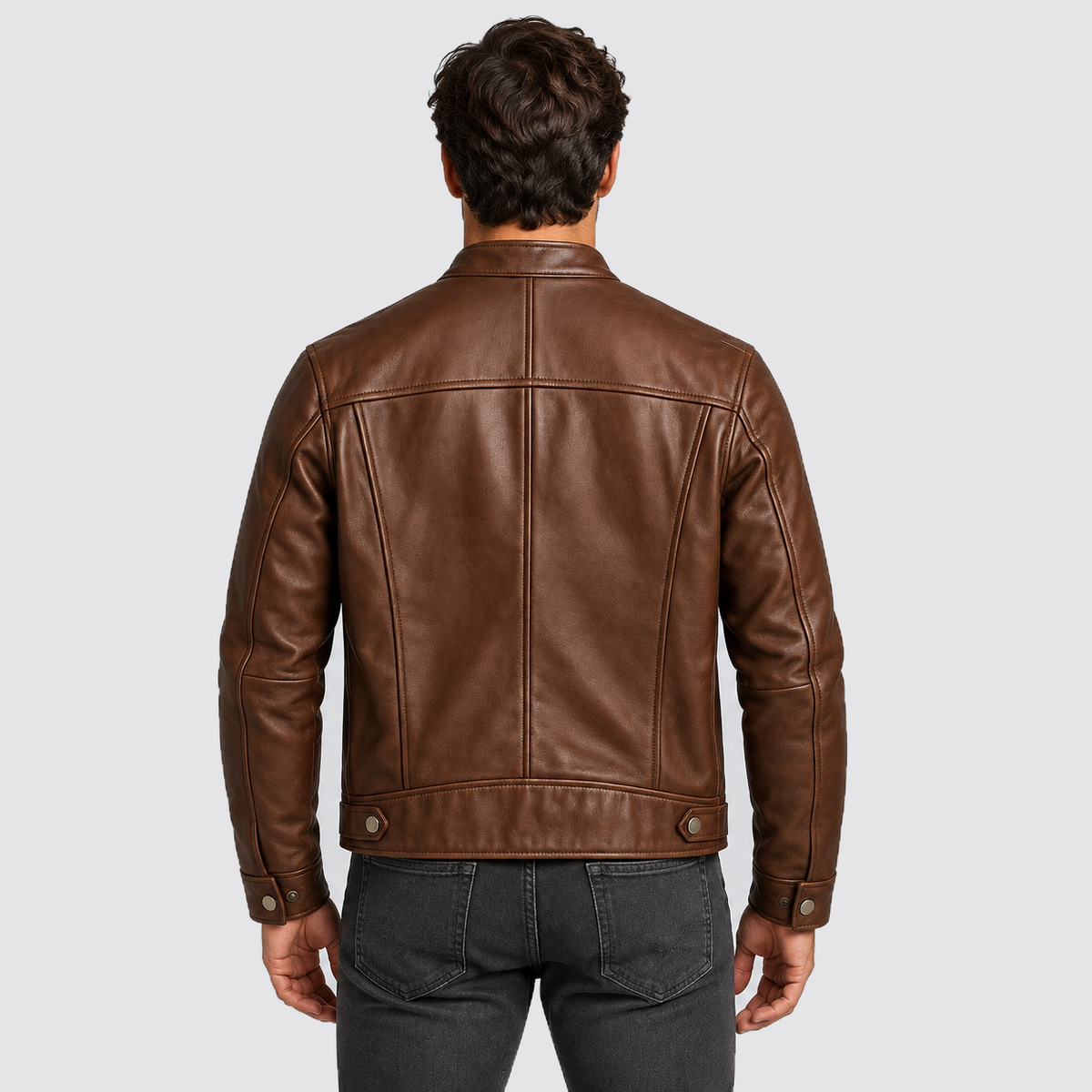 Men's Jacket Leather Look Vintage Four Pocket - Brown, back