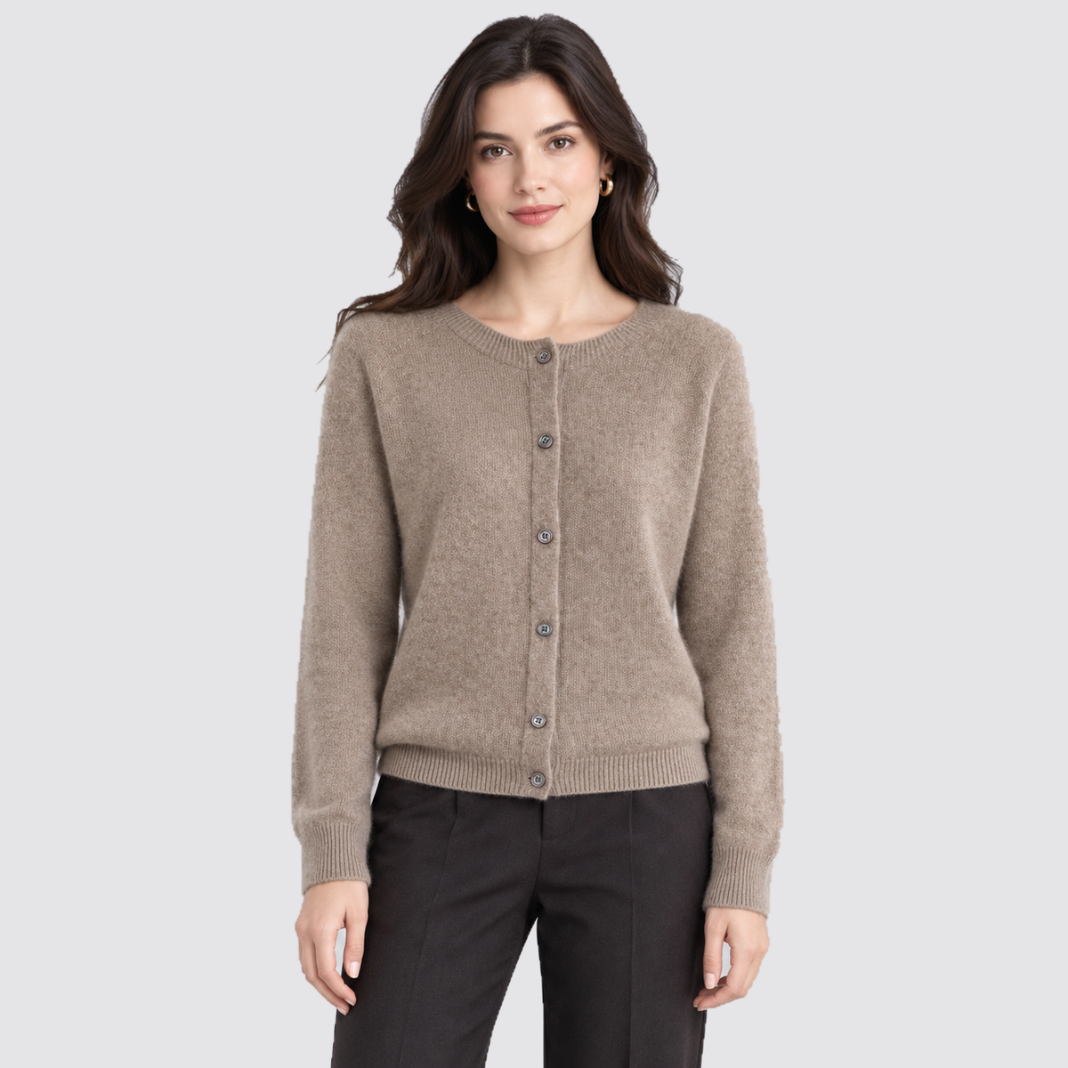 Women's Cardigan Round Neck Button Front Knit - Brown