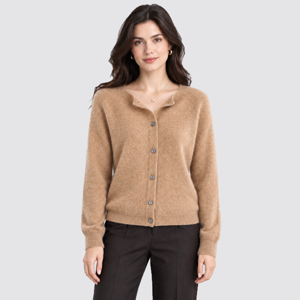 Women's Cardigan Round Neck Button Front Knit - Light Brown