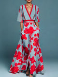 Michaela™ | Women's Retro Red V-Neck Floral Evening Dress