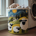 Sheep in a Starry Meadow Laundry Basket – Quilted Collapsible Fabric Storage Hamper with Handles