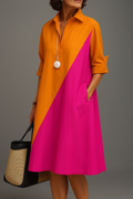 Althea™ | Women's Orange Pink Long Sleeve Evening Midi Dress