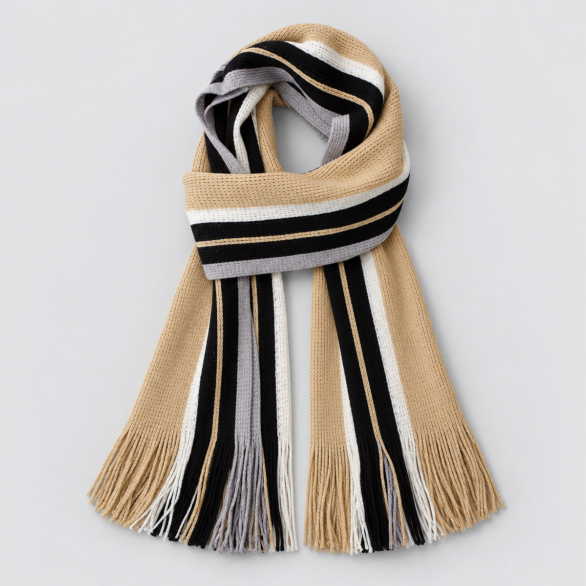 Men's Scarf Striped Knitted Tassel Fringe - Beige