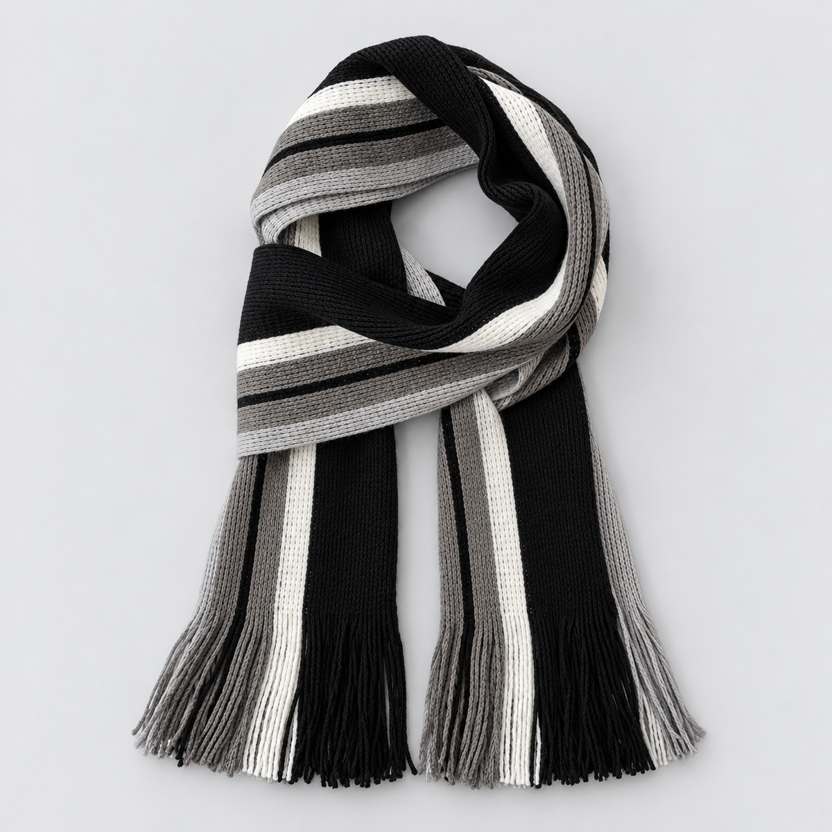 Men's Scarf Striped Knitted Tassel Fringe - Black - Grey