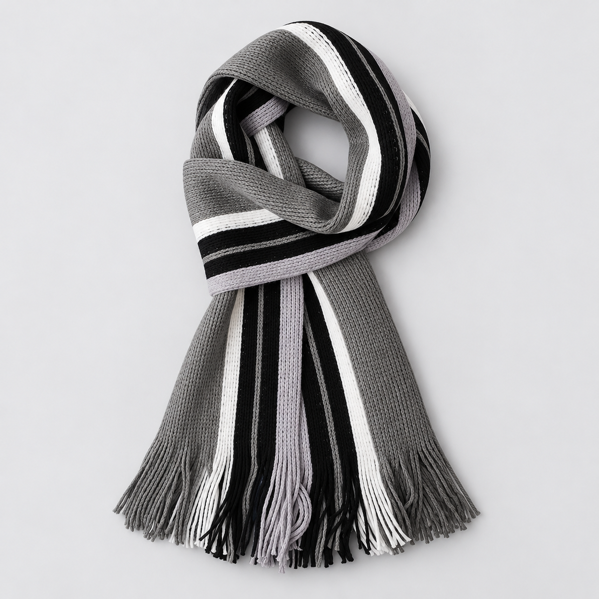 Men's Scarf Striped Knitted Tassel Fringe - Grey - Black