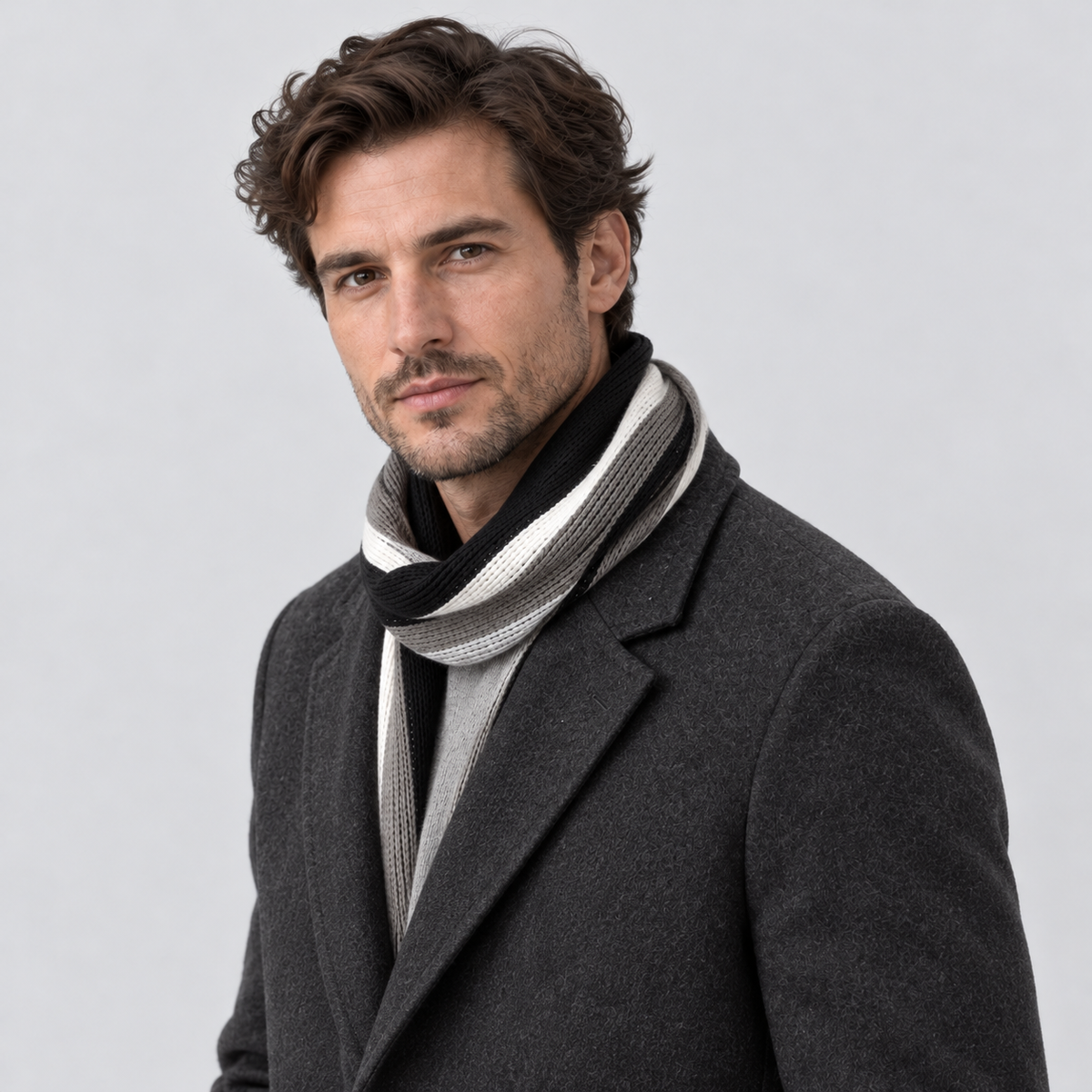 Men's Scarf Striped Knitted Tassel Fringe - worn, angle