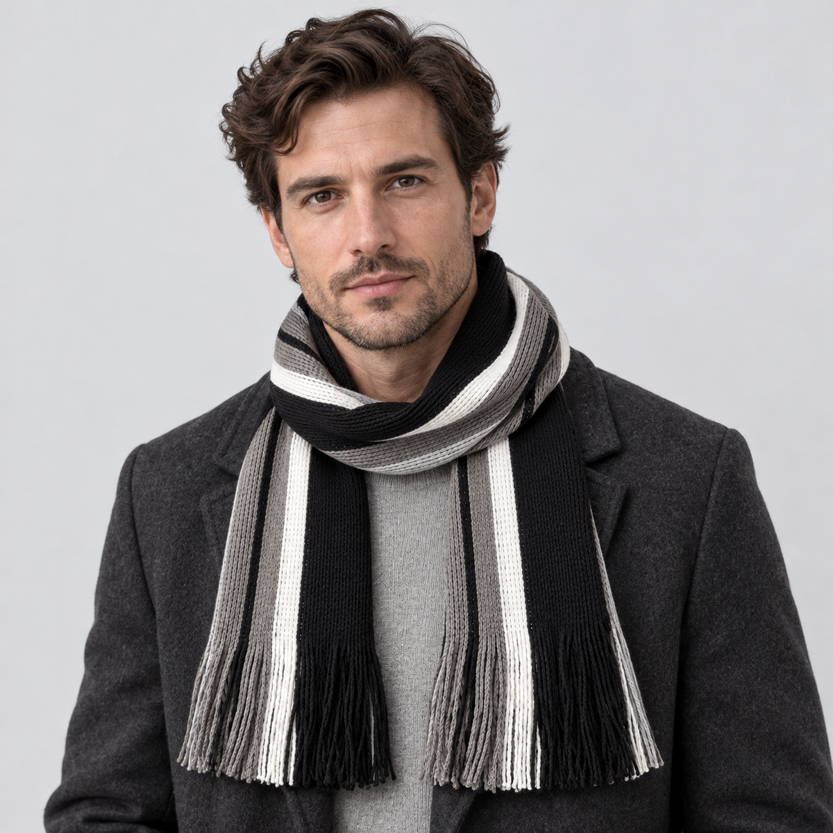 Men's Scarf Striped Knitted Tassel Fringe - worn