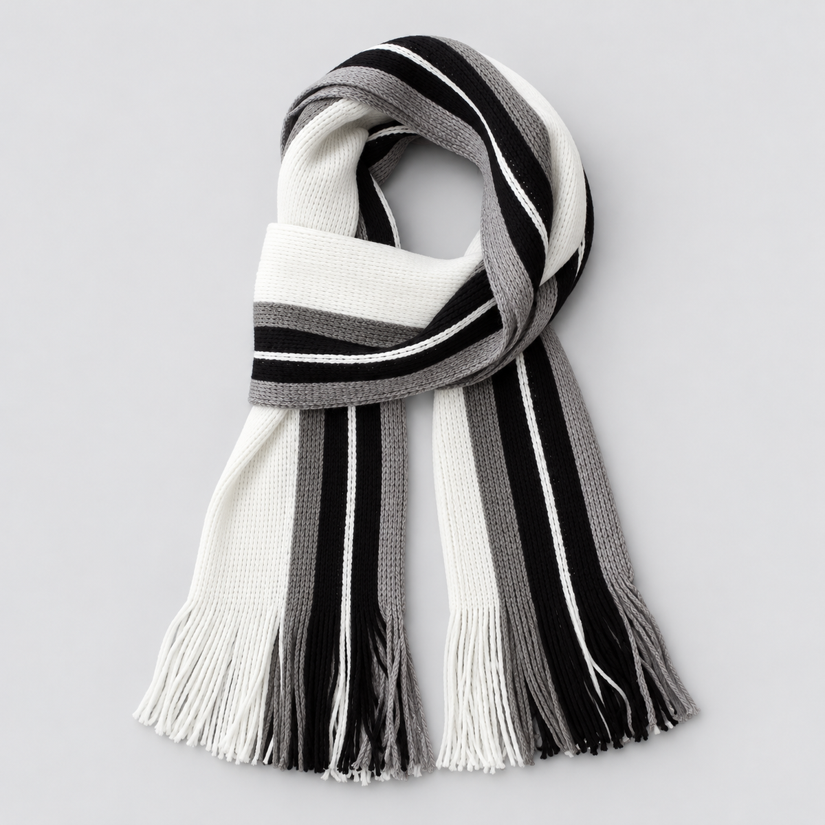 Men's Scarf Striped Knitted Tassel Fringe - White - Black