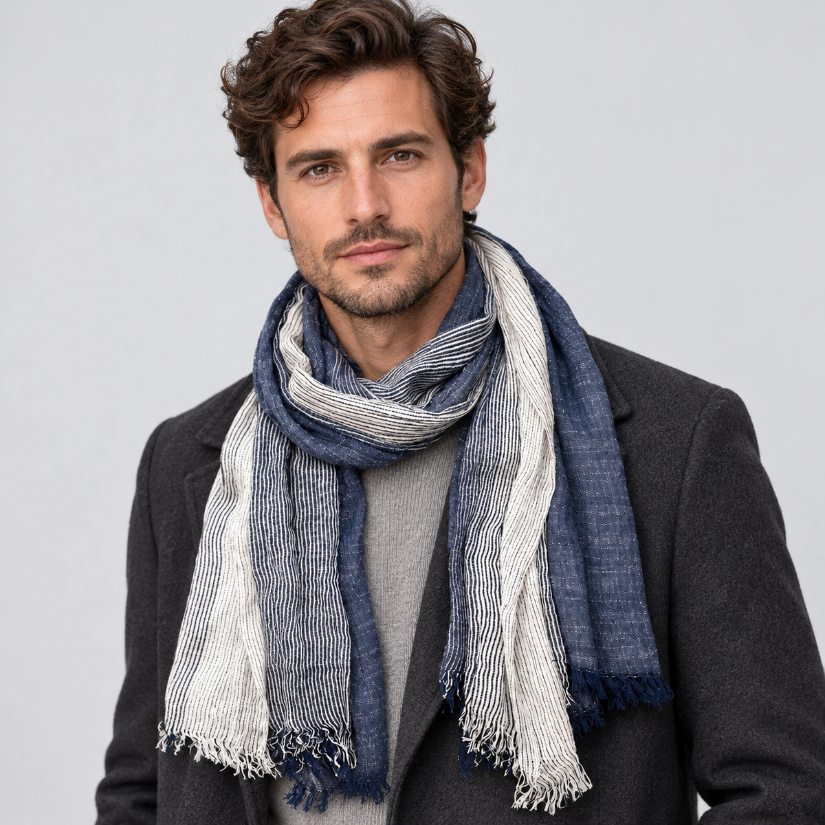 Men's Scarf Crinkle Two Tone Frayed Edge - worn