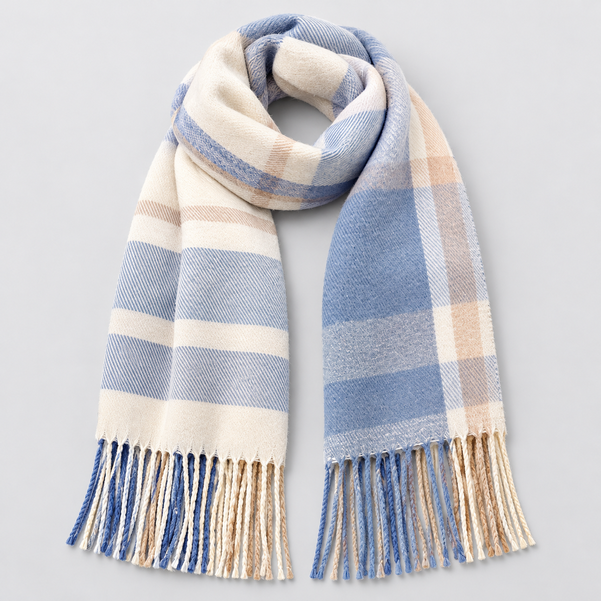 Women's Scarf Check Tassel Brushed Soft - Blue