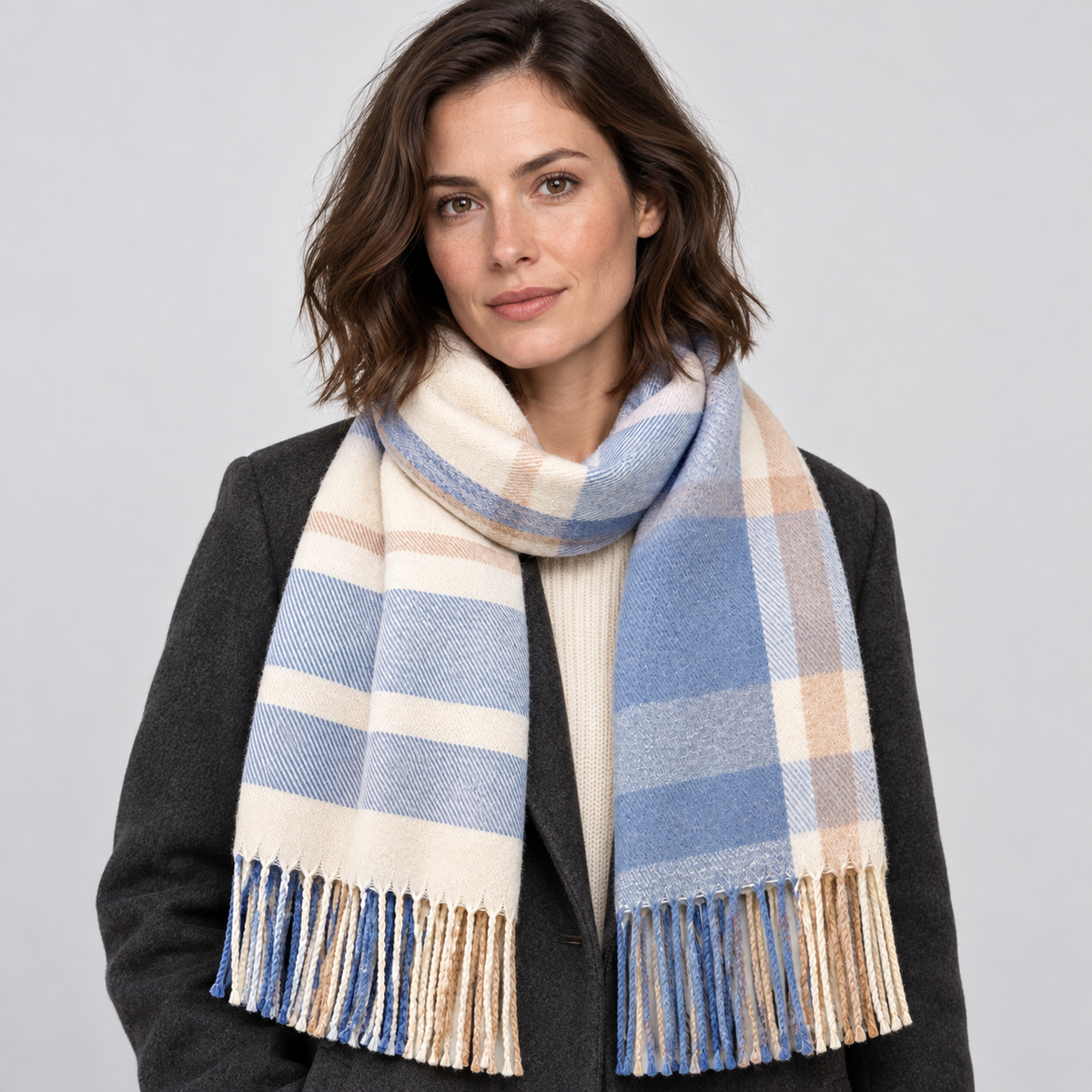 Women's Scarf Check Tassel Brushed Soft - detail