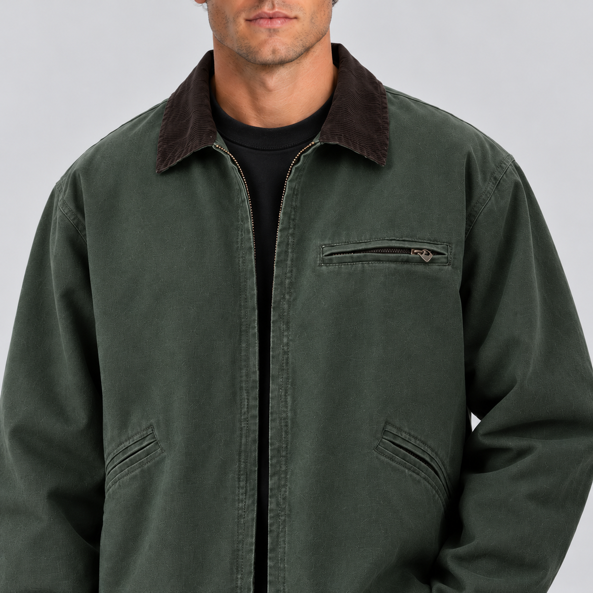 Men's Barn Jacket Canvas Corduroy Collar Zip Up - detail