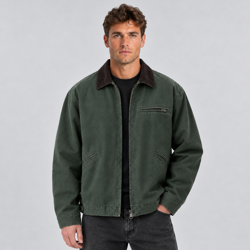 Men's Barn Jacket Canvas Corduroy Collar Zip Up - Green