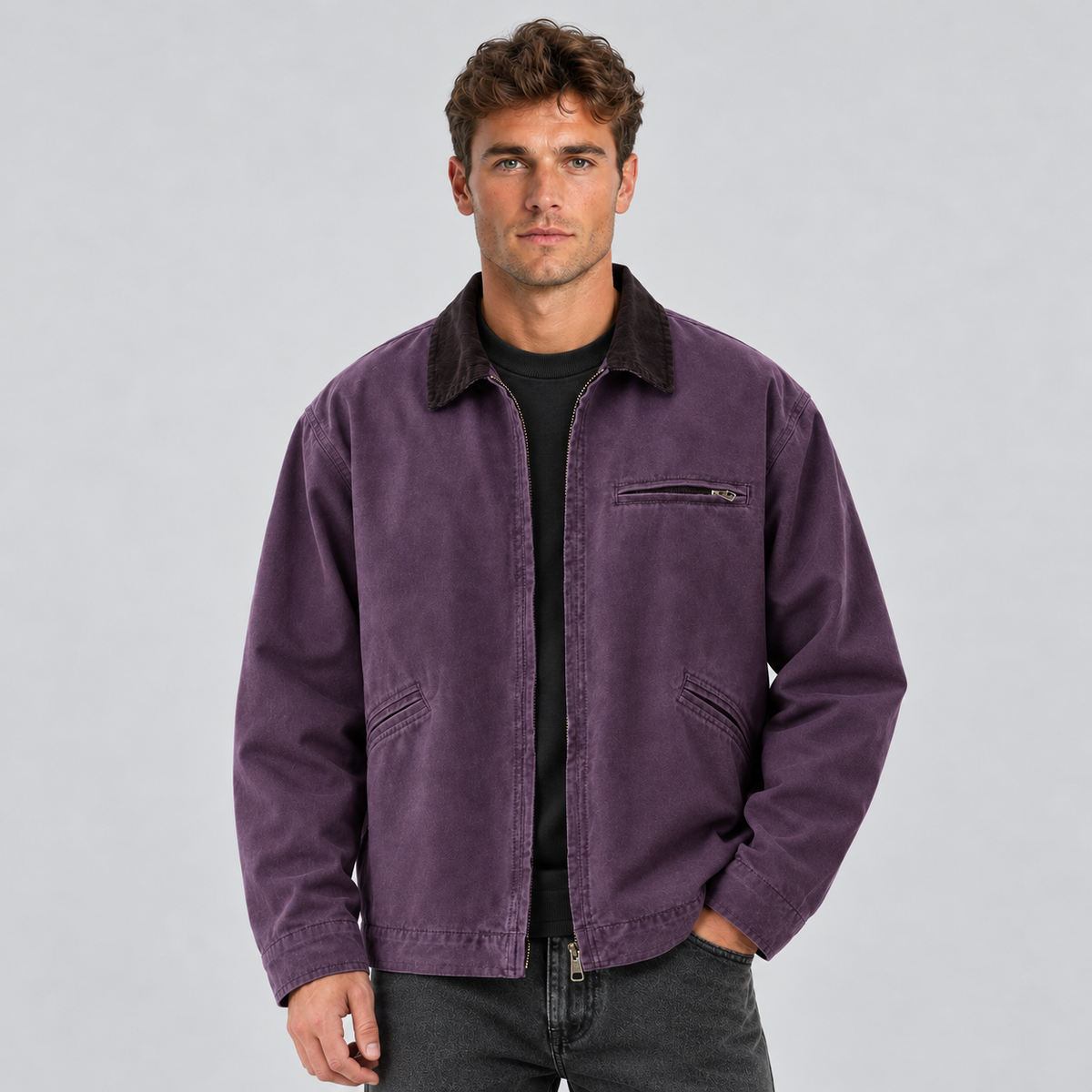 Men's Barn Jacket Canvas Corduroy Collar Zip Up - Purple