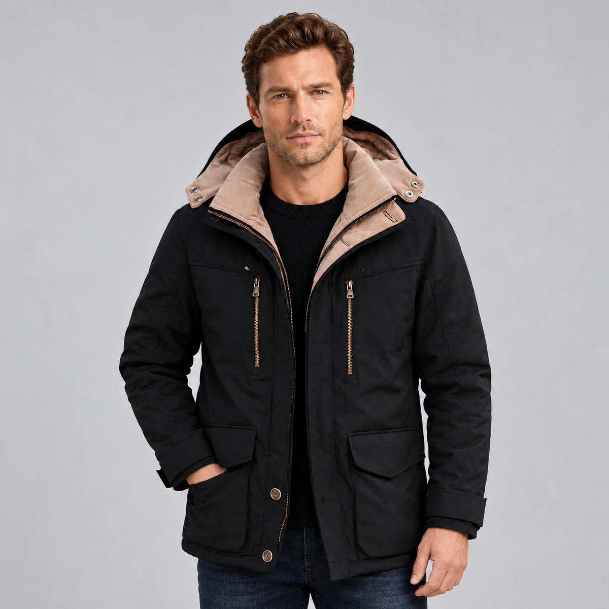 Men's Waterproof Winter Jacket Hooded Fleece Lined - Black
