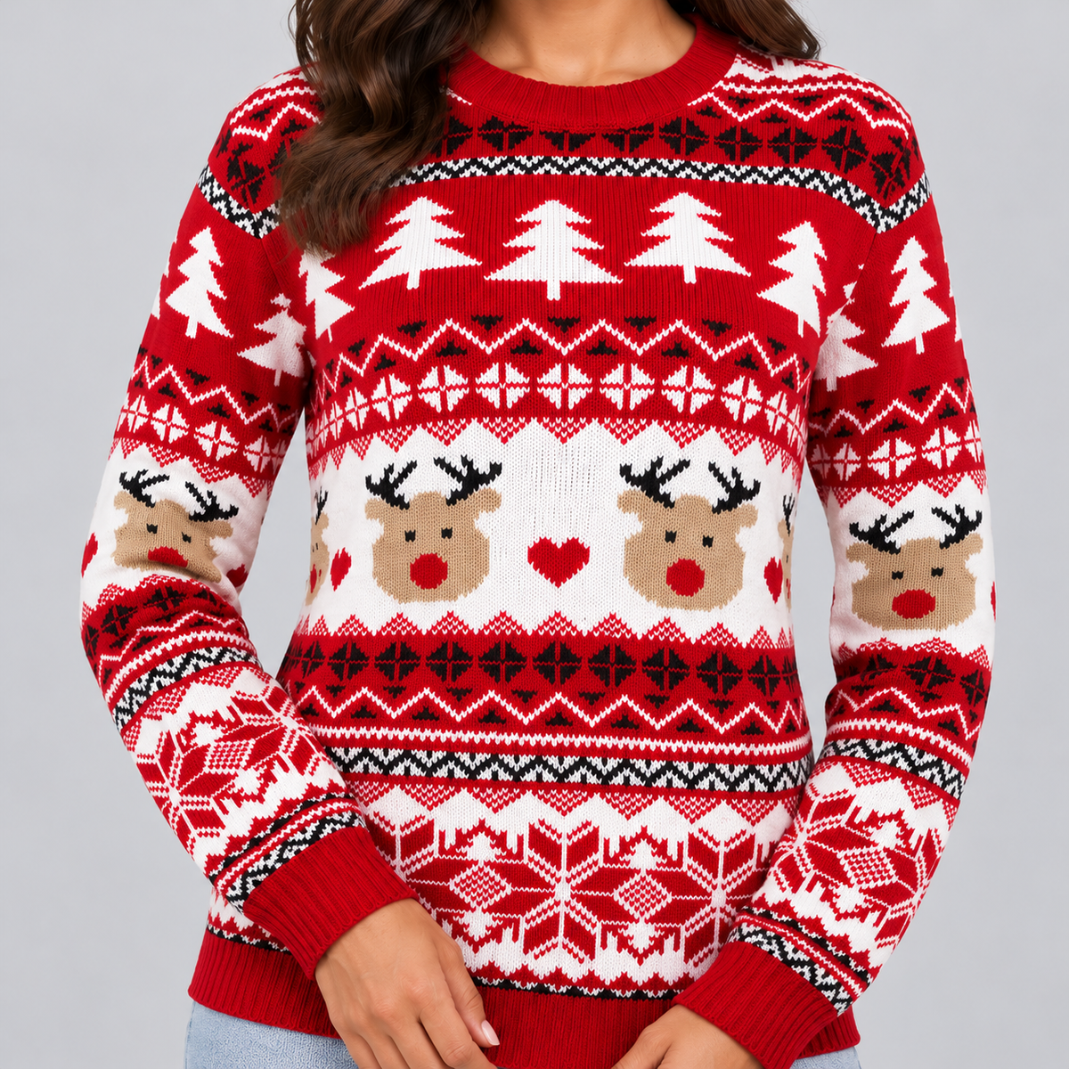 Women's Christmas Jumper Reindeer Crew Neck Knit - detail