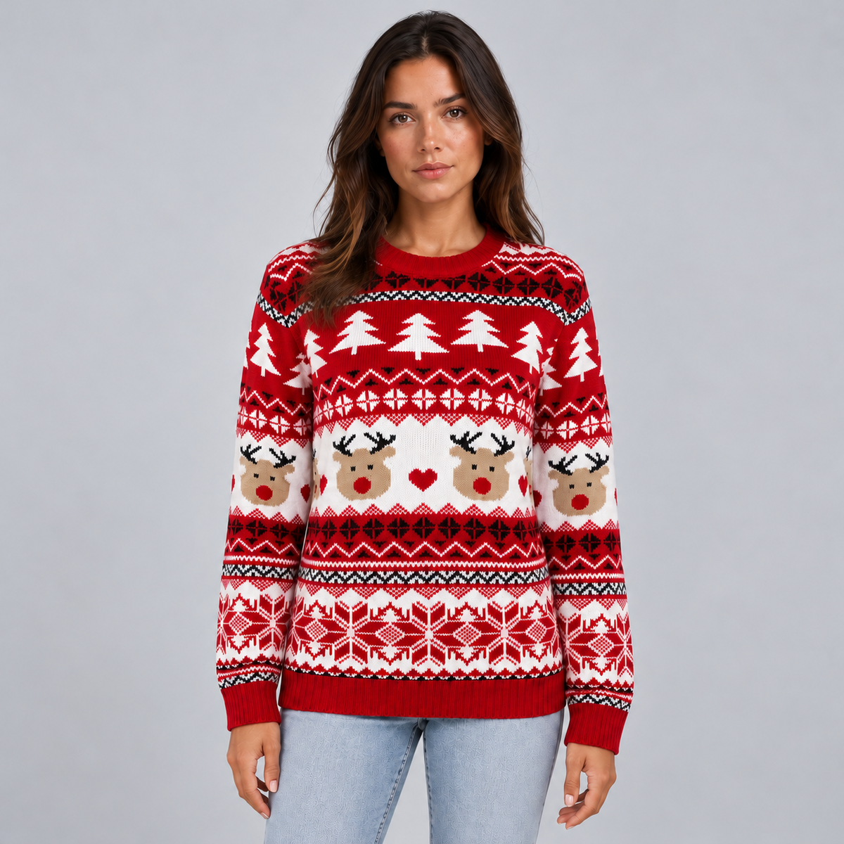 Women's Christmas Jumper Reindeer Crew Neck Knit - Red