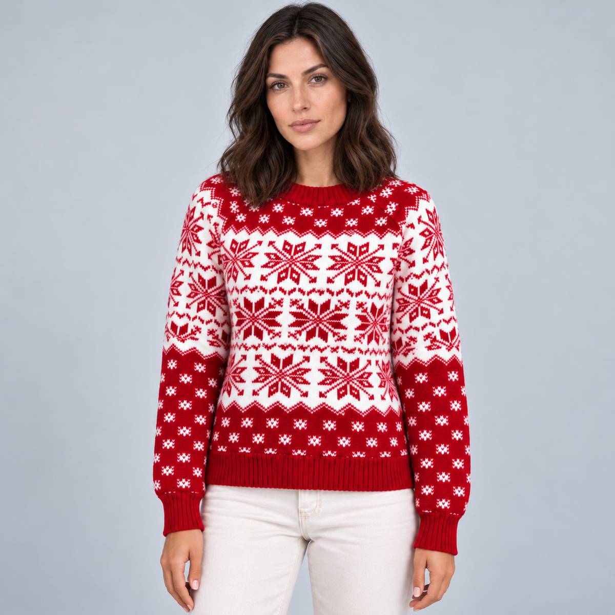 Women's Fair Isle Jumper Snowflake Christmas Knit - Red