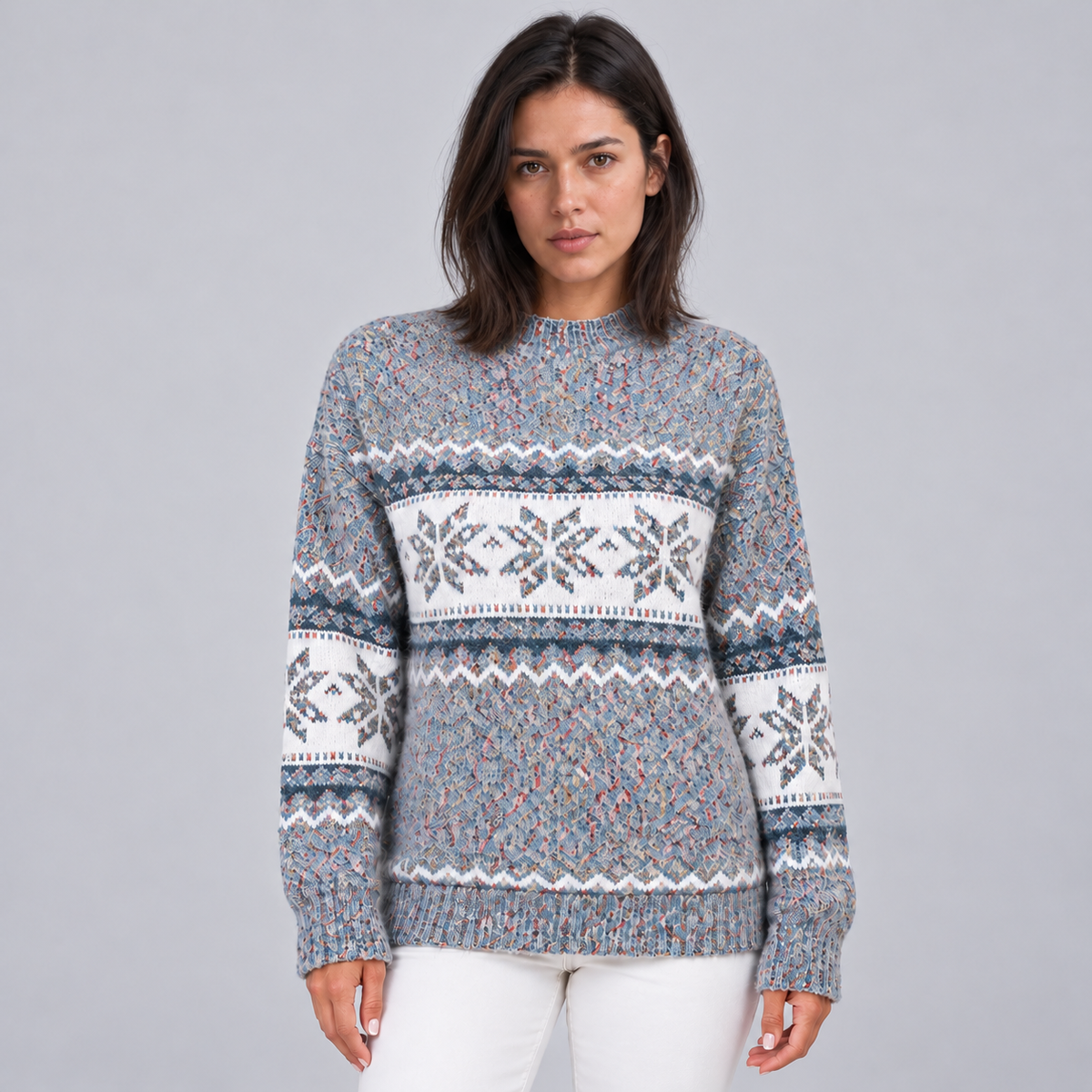 Women's Fair Isle Jumper Crew Neck Christmas Knit - Grey