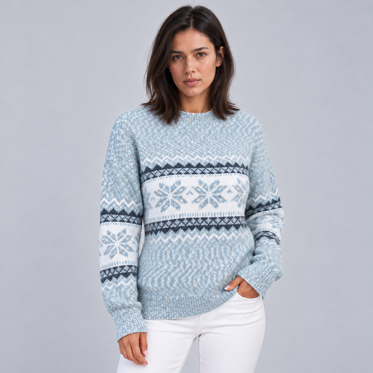 Women's Fair Isle Jumper Crew Neck Christmas Knit - Light Blue