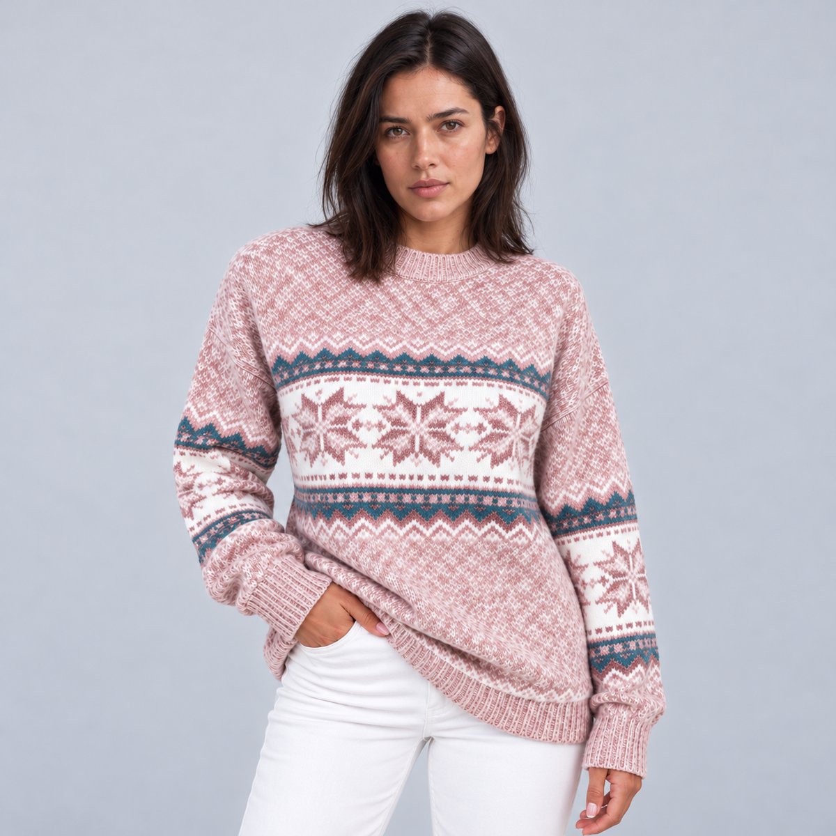 Women's Fair Isle Jumper Crew Neck Christmas Knit - Pink