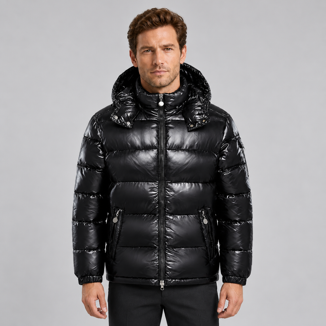 Men's Puffer Jacket Glossy Hooded Full Zip