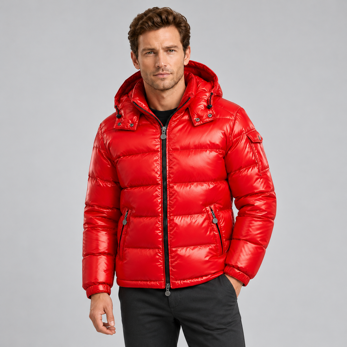 Men's Puffer Jacket Glossy Hooded Full Zip - Red