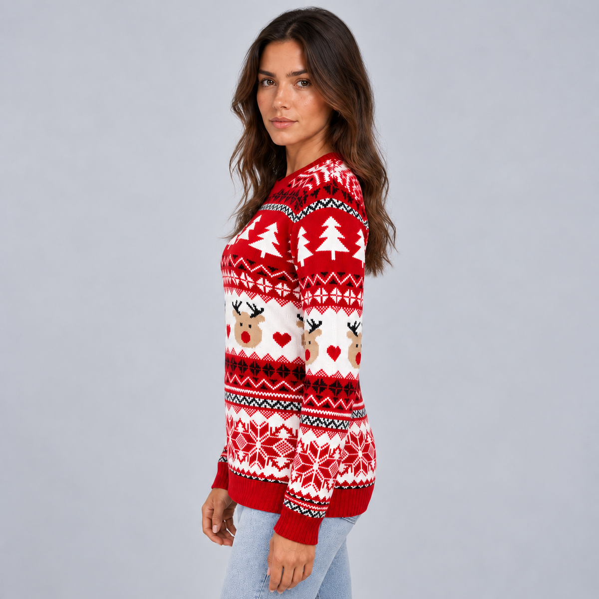 Women's Christmas Jumper Reindeer Crew Neck Knit - side