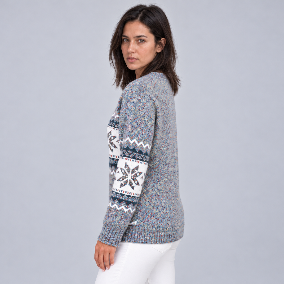 Women's Fair Isle Jumper Crew Neck Christmas Knit - Grey, side