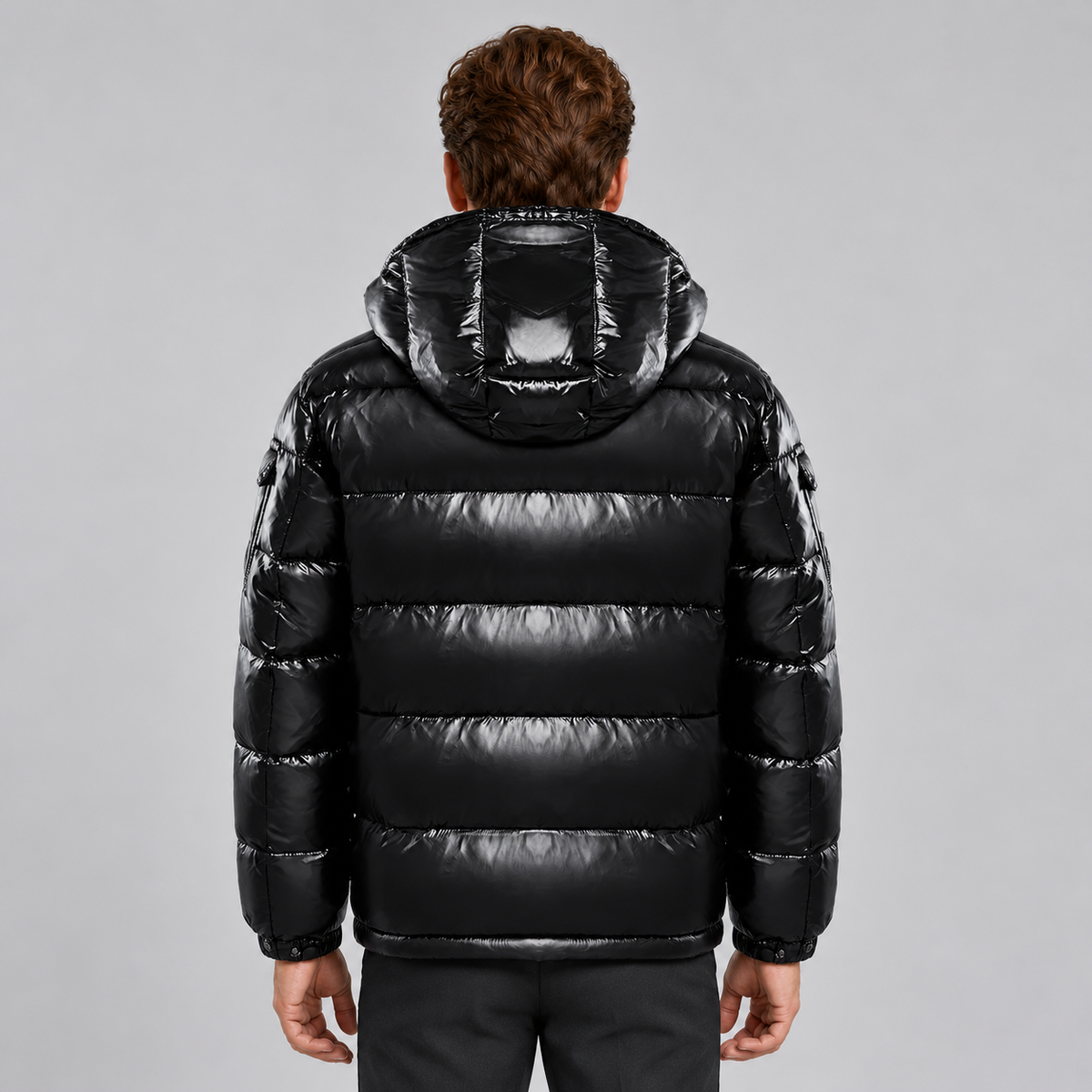 Men's Puffer Jacket Glossy Hooded Full Zip - Black, back