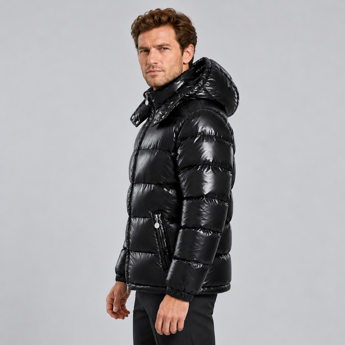 Men's Puffer Jacket Glossy Hooded Full Zip - Black, side