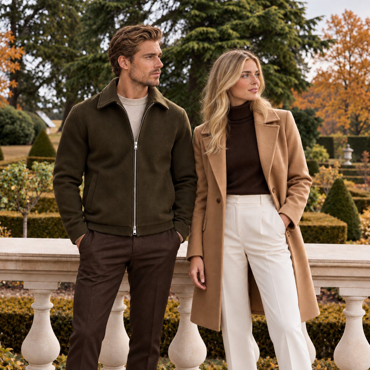 A man and woman wearing autumn layers in a garden